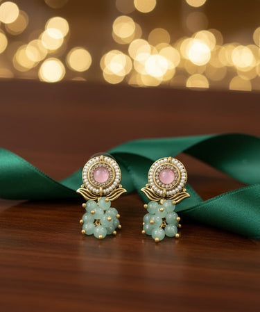 Pink Stone Green Beads Earrings
